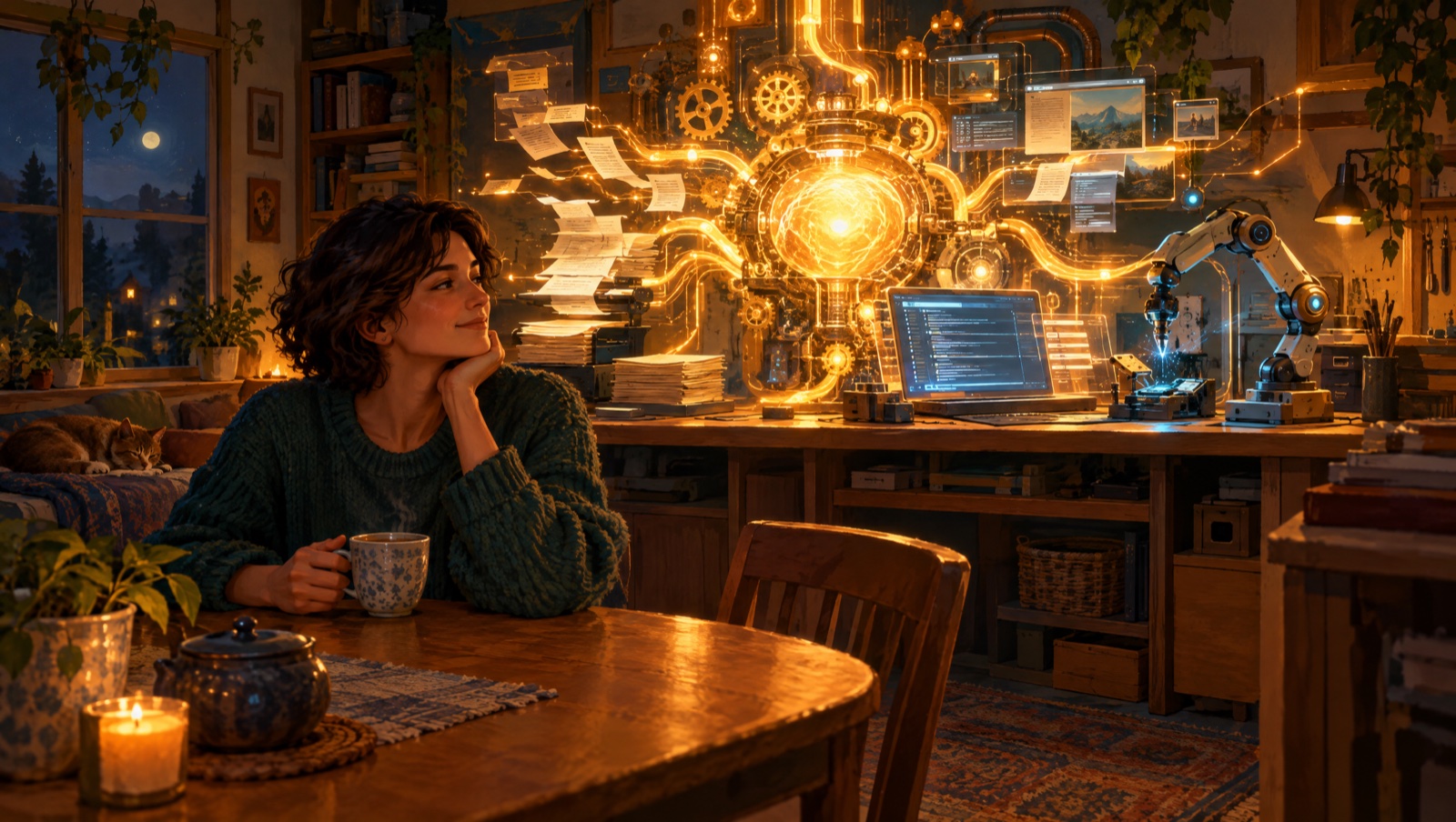A person relaxing at a kitchen table at night while a glowing engine in their home workshop keeps working on several jobs.