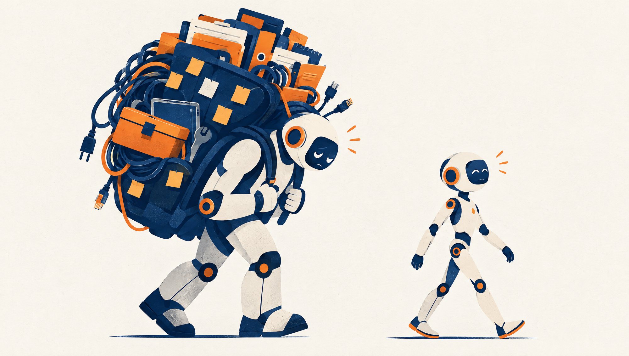A robot strains under an overloaded backpack of folders, cables and tools while a light robot walks easily ahead.